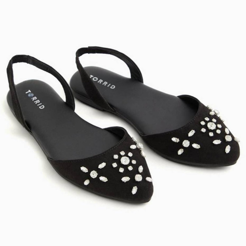 New Torrid 8W 8 Wide‎ Width Black Embellished Rhinestone Slingback Dressy Flats